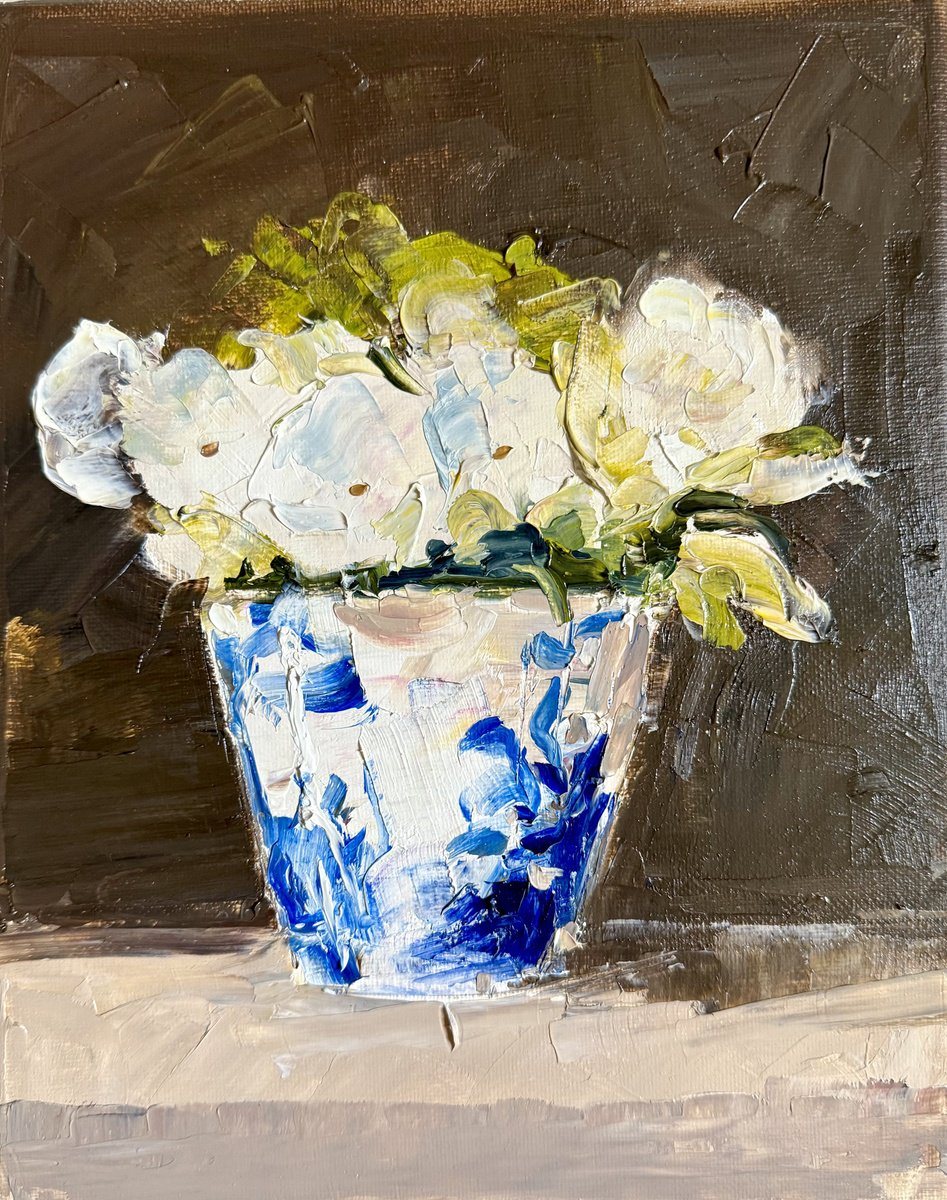 Oil painting of white flowers in a blue and white porcelain pot against a dark ground.