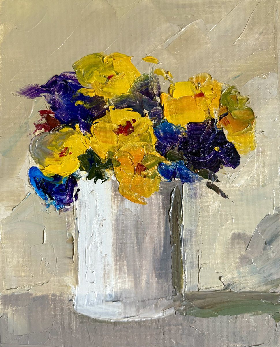 Oil painting of yellow and violet pansies in a white vase against a pale ground.