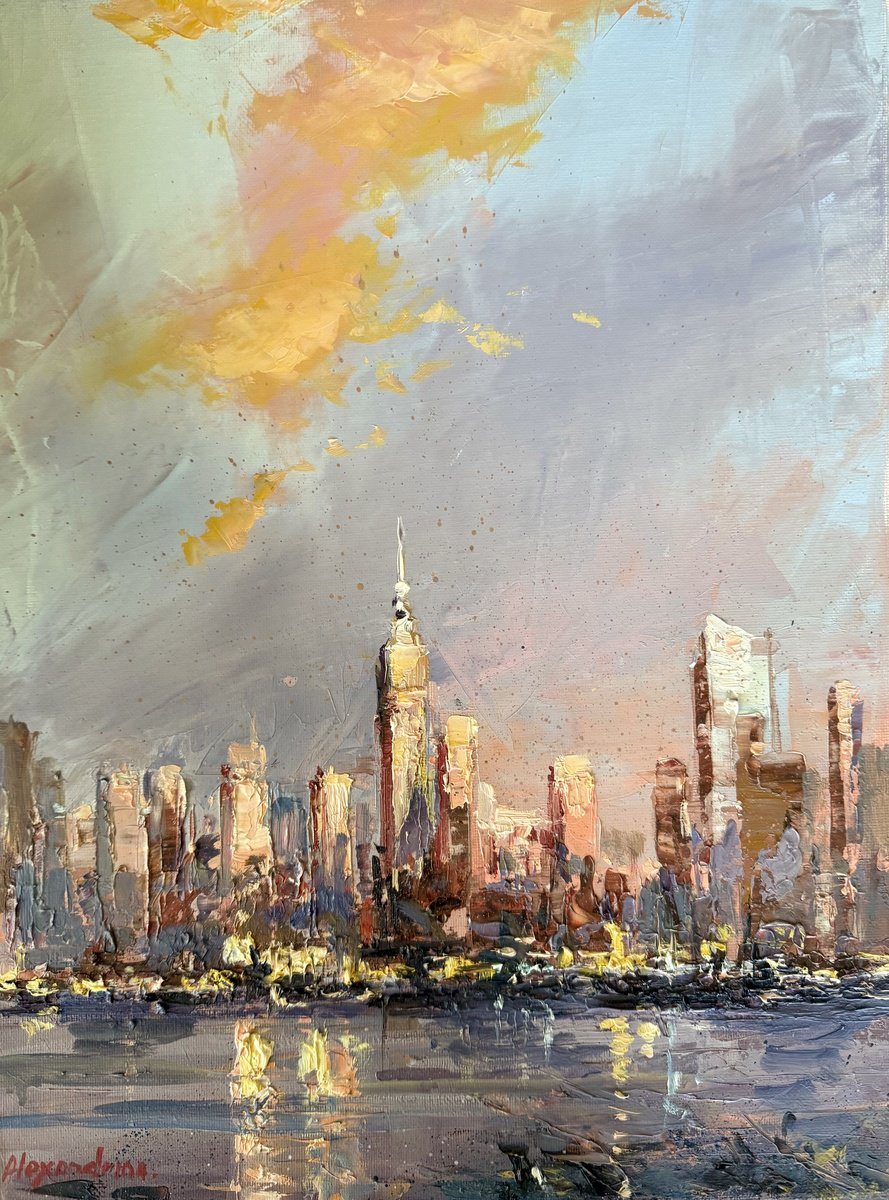 Oil painting of the Manhattan skyline at the end of the day, with a tall tower rising under a sky of gold and grey.