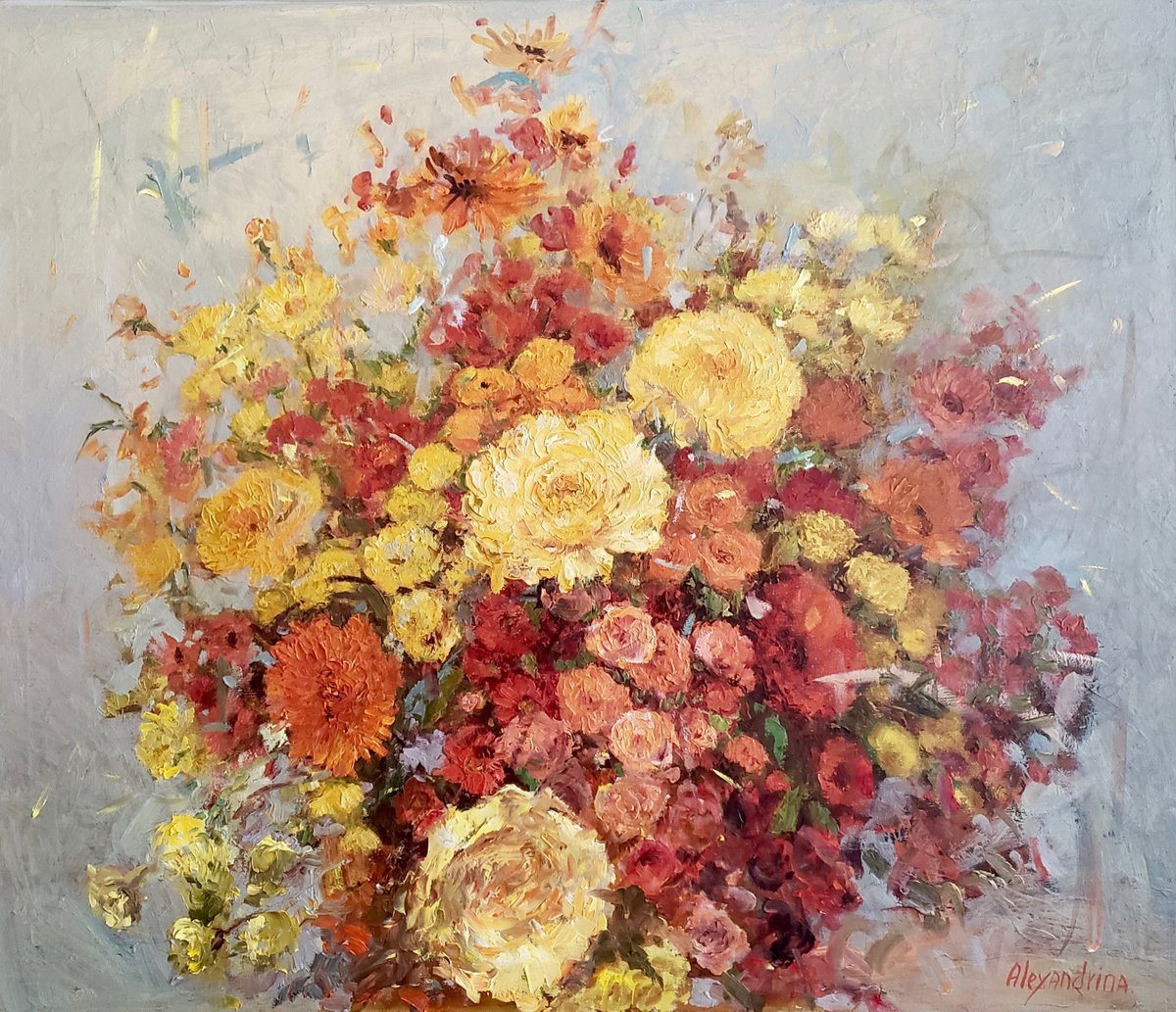 Oil painting of a full bouquet of yellow, orange and red flowers against a pale blue-grey ground.