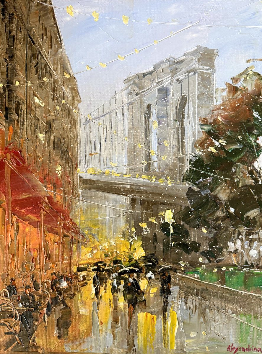 Oil painting of the Brooklyn Bridge behind strings of lights, with pedestrians and umbrellas on a wet promenade.