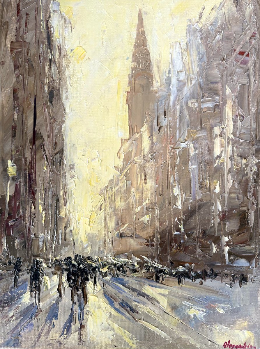 Oil painting of a Manhattan avenue in low sun, with long shadows and a crowd crossing in the distance.
