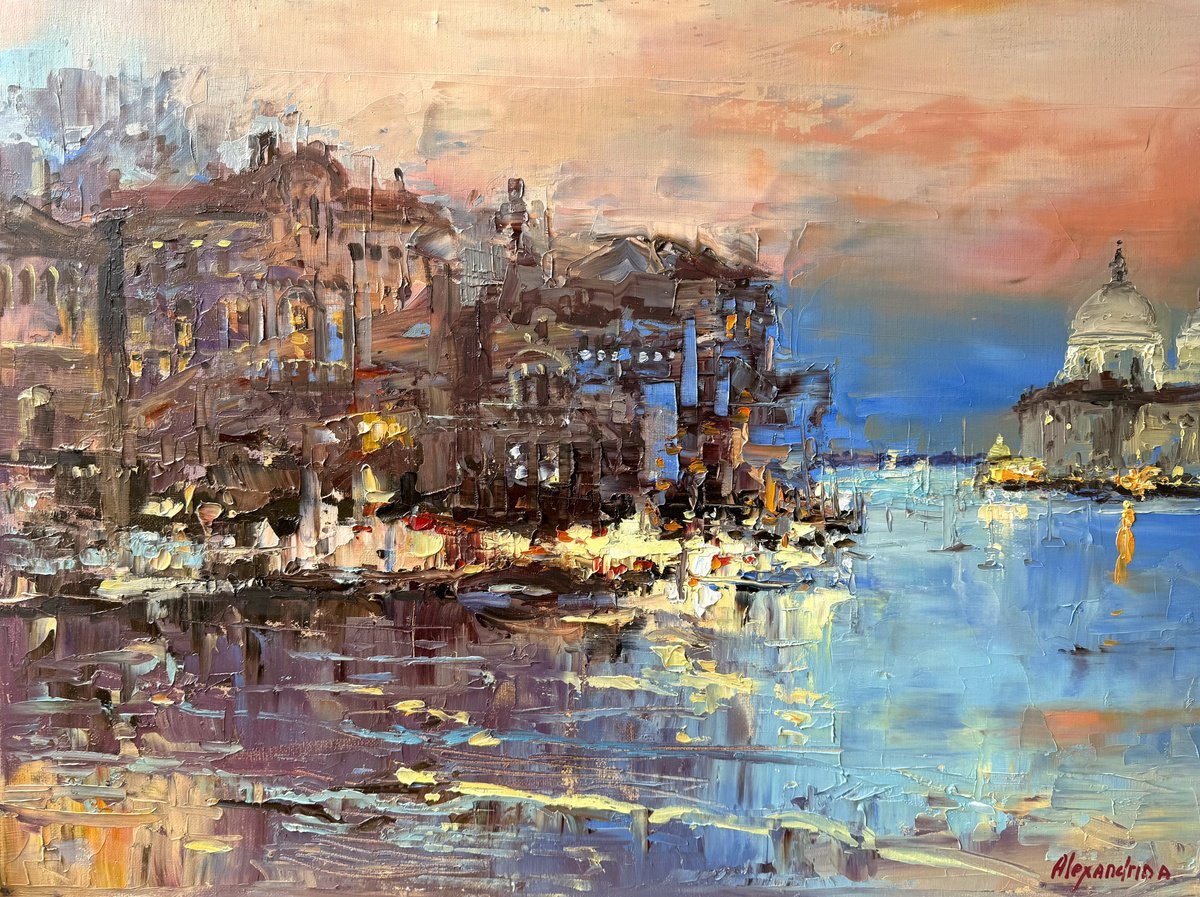 Oil painting of Venice at dusk, with a pink and orange sky over blue water and lit buildings.