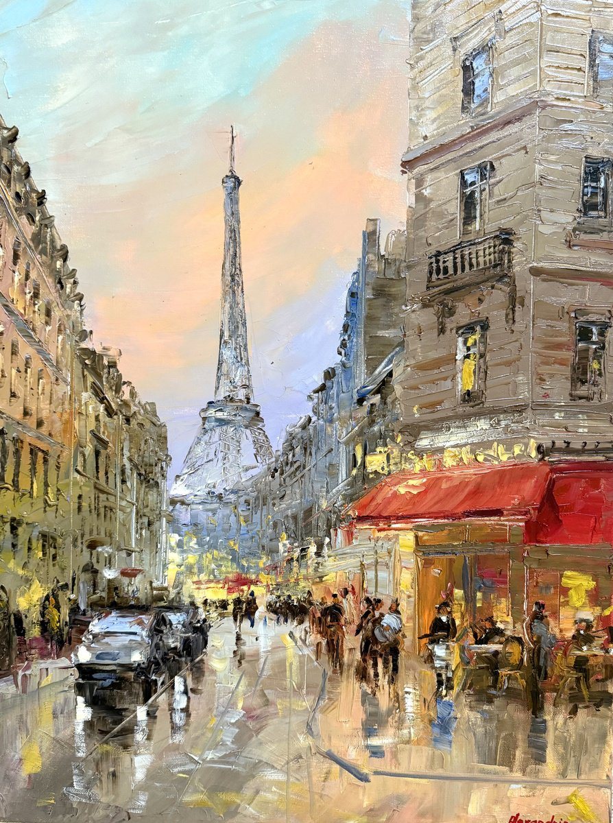 Oil painting of a Paris street running toward the Eiffel Tower, with a red caf&eacute; awning and cars on wet pavement.