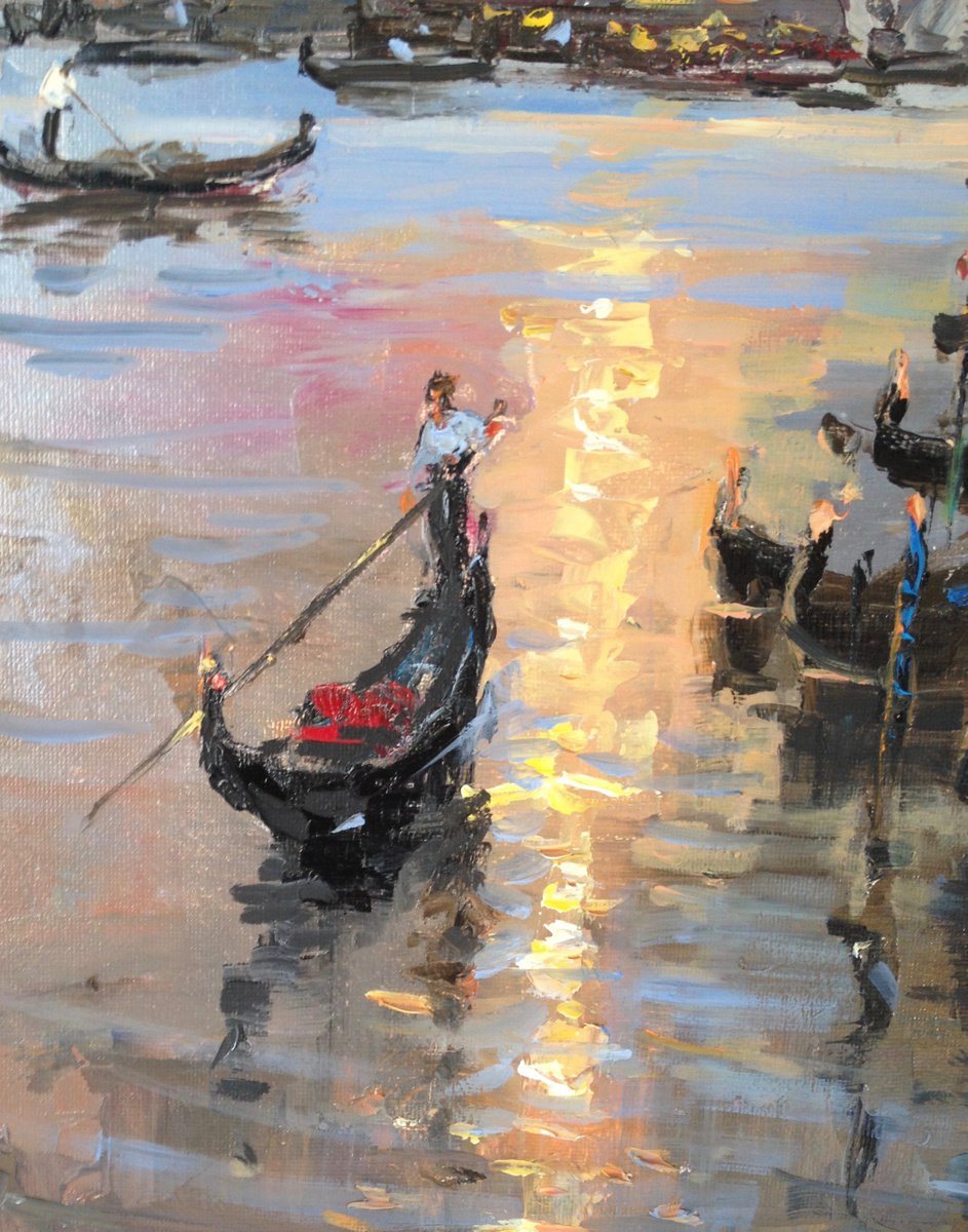 Oil painting of a gondolier standing in a black gondola on the lagoon at sunset, with a column of light on the water.