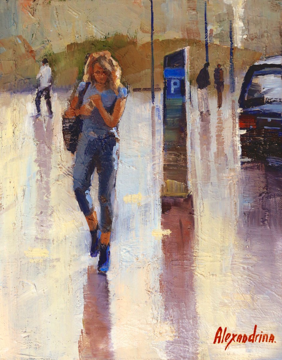 Oil painting of a woman in jeans walking through the rain on a city sidewalk, with her reflection on the pavement.