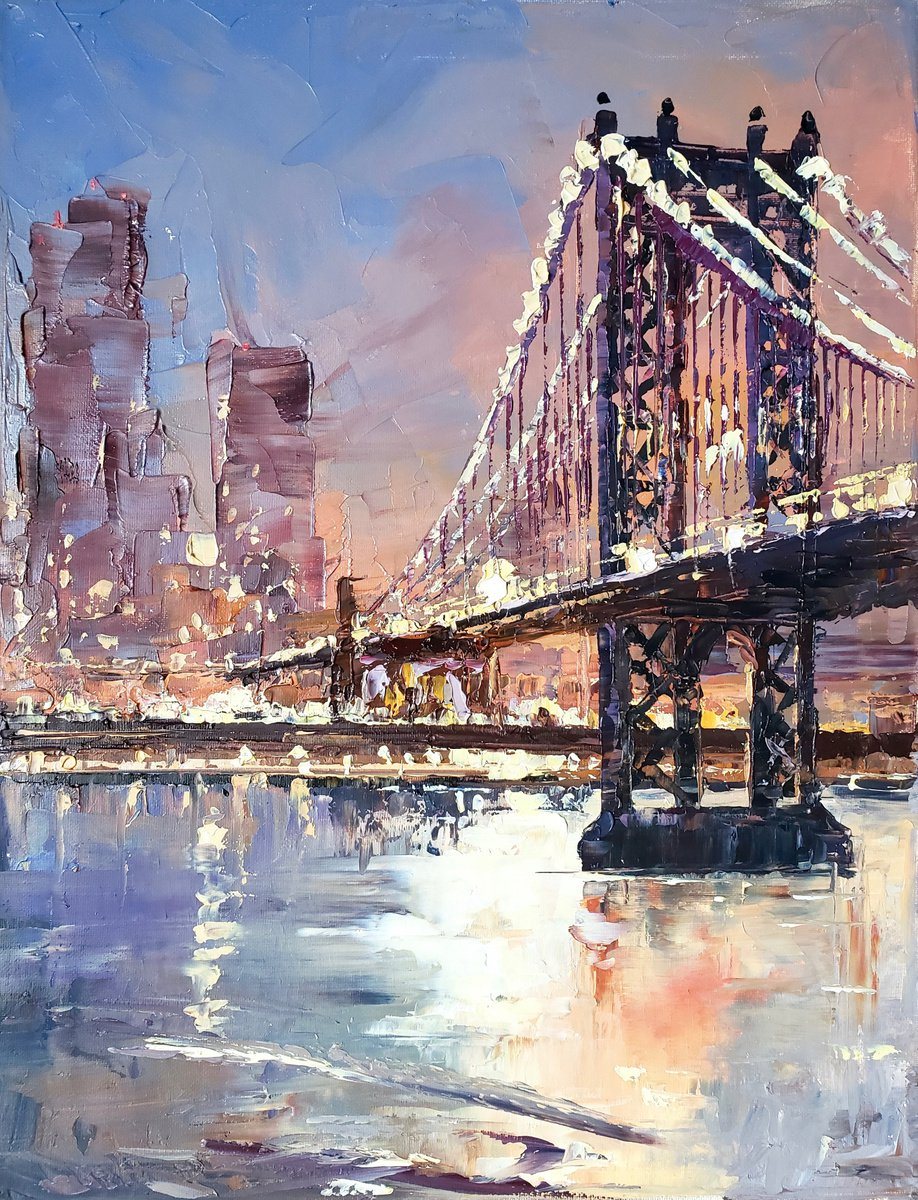 Oil painting of a suspension bridge at dusk, with strings of lights and a violet and rose sky reflected in the river.