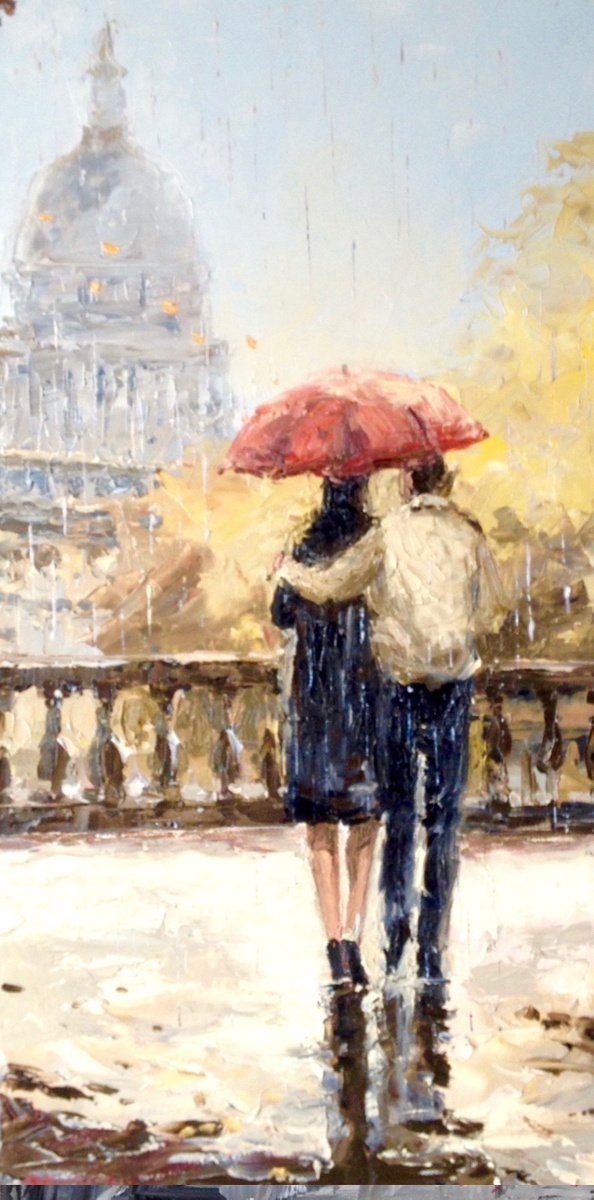 Tall oil painting of a couple walking under a red umbrella along a balustrade, with a dome in pale haze behind them.