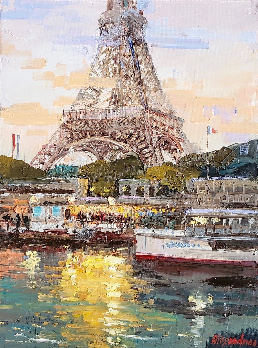 Oil painting of the Eiffel Tower over the Seine at evening, with boats at the quay and golden light on the water.
