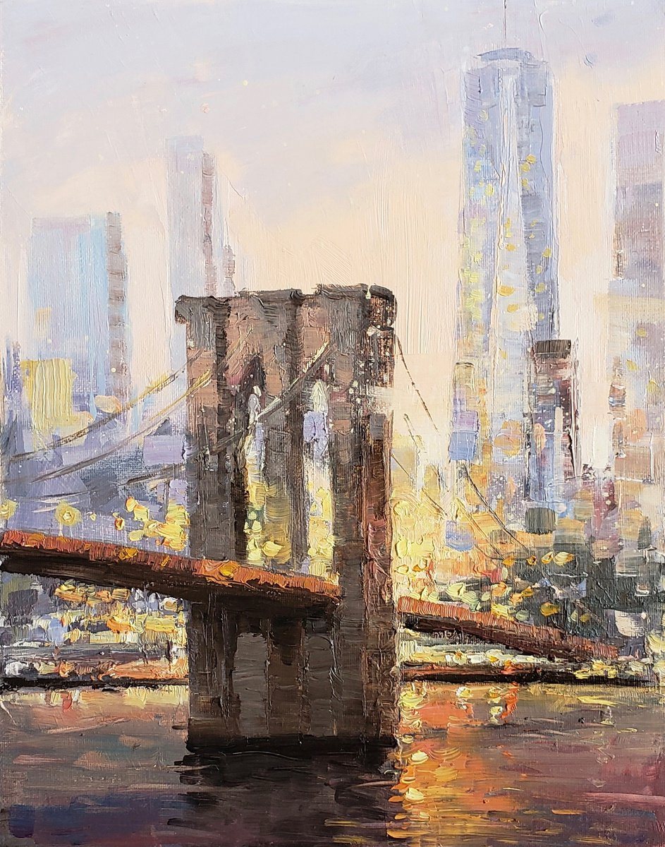 Oil painting of a Brooklyn Bridge tower in the foreground, with the lower Manhattan skyline glowing gold and rose behind it.