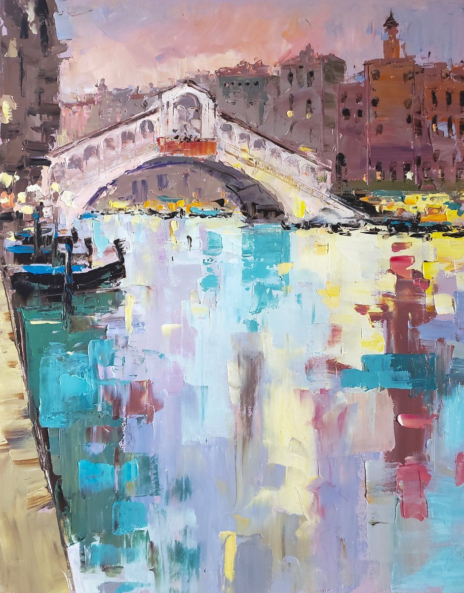 Oil painting of the Rialto Bridge in Venice, with a gondola and turquoise, pink and yellow reflections in the canal.