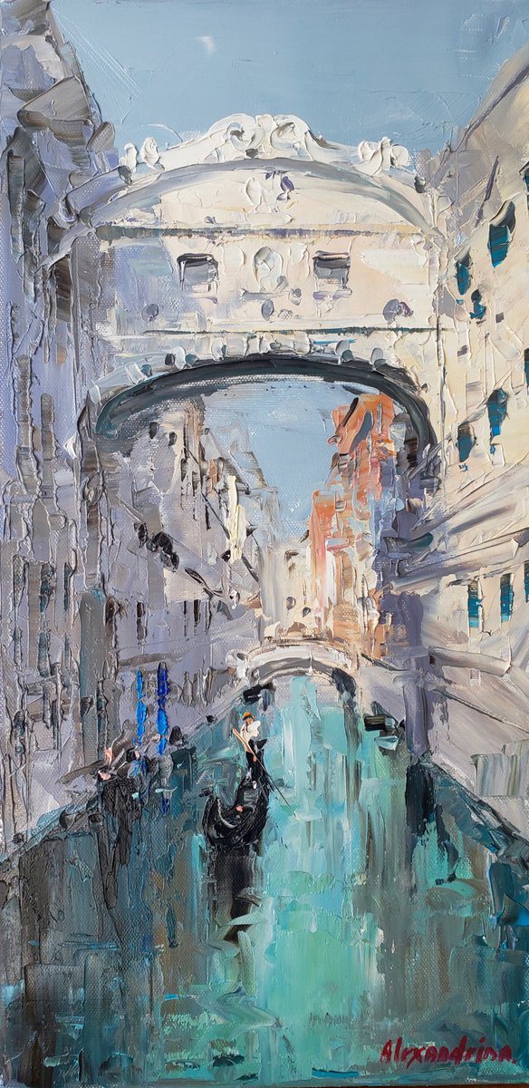 Tall oil painting of the Bridge of Sighs in Venice, seen from a green canal between pale palaces.