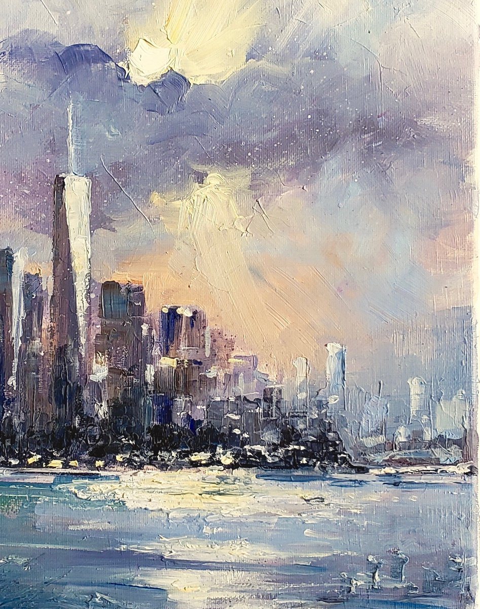 Oil painting of the Manhattan skyline across the water under heavy clouds, with a break of light on the river.