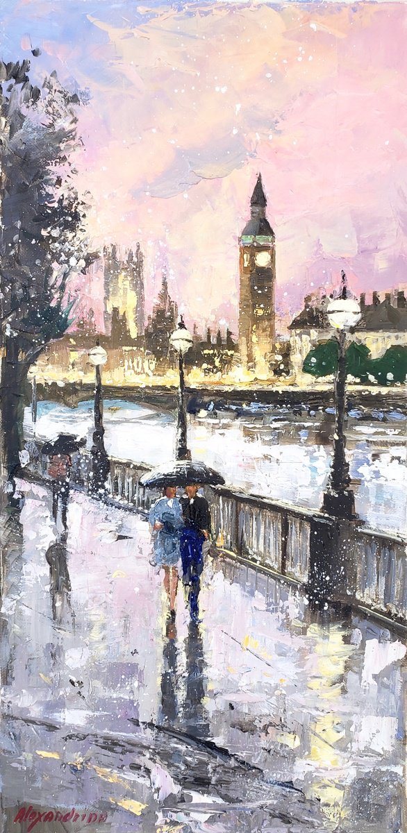 Tall oil painting of the Thames embankment at evening, with a figure under an umbrella and the Houses of Parliament in the distance.