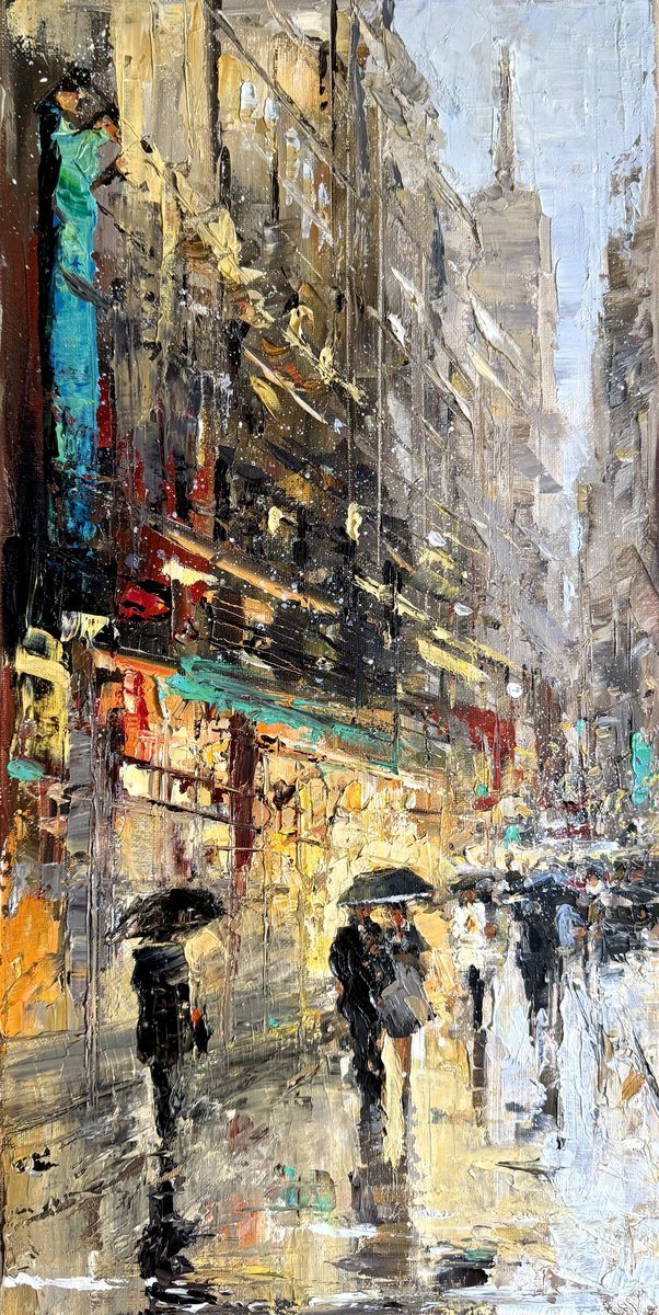 Tall oil painting of a wet Manhattan street in the evening, with umbrellas and glowing shopfronts.