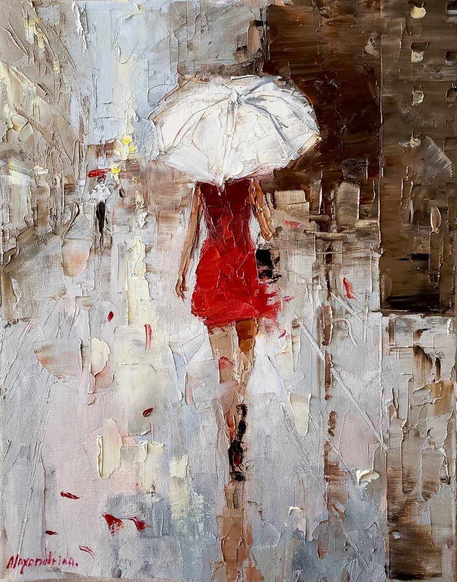 Oil painting of a woman in a red dress walking away under a white umbrella on a wet city street.