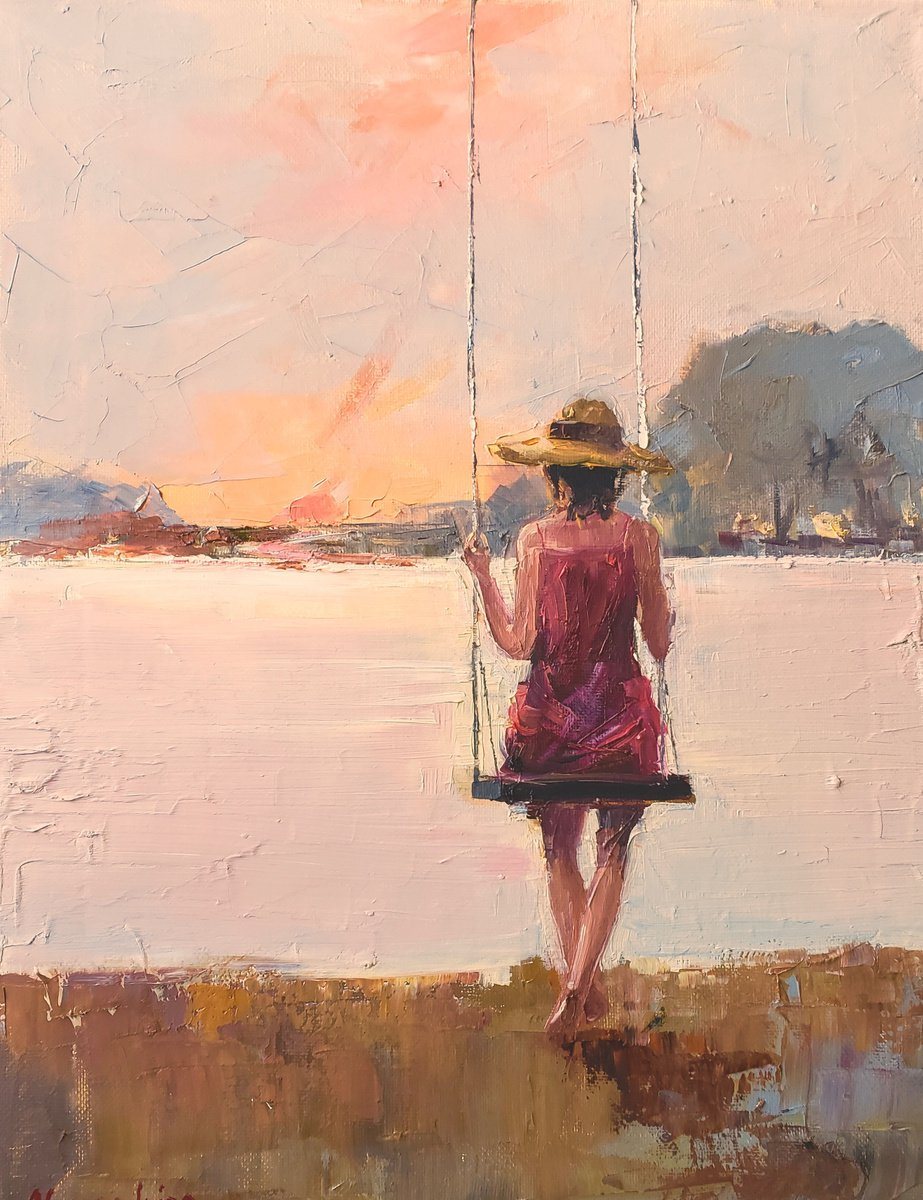Oil painting of a girl in a red dress and straw hat on a swing at the edge of the water, under a peach sky.