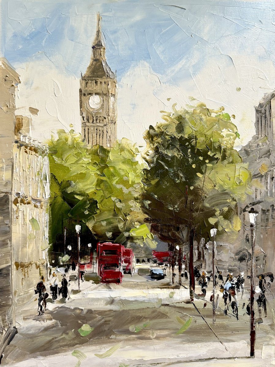 Oil painting of Big Ben in full daylight, with green trees, a red bus and a bright open street.