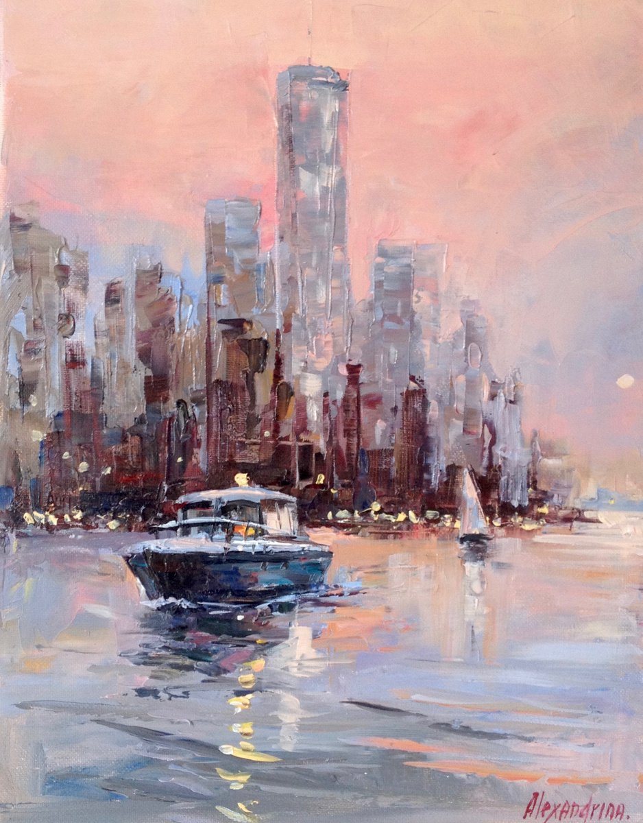 Oil painting of a lower Manhattan skyline at first light, with a launch crossing pink water under a pale rose sky.