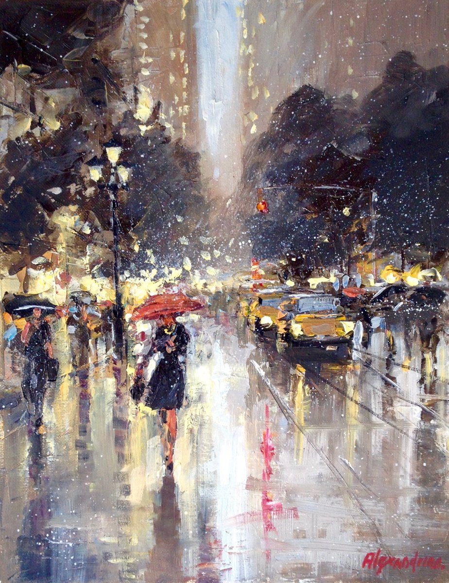 Oil painting of a rainy city street at night, with umbrellas, car lights and lamplight reflected in wet pavement.