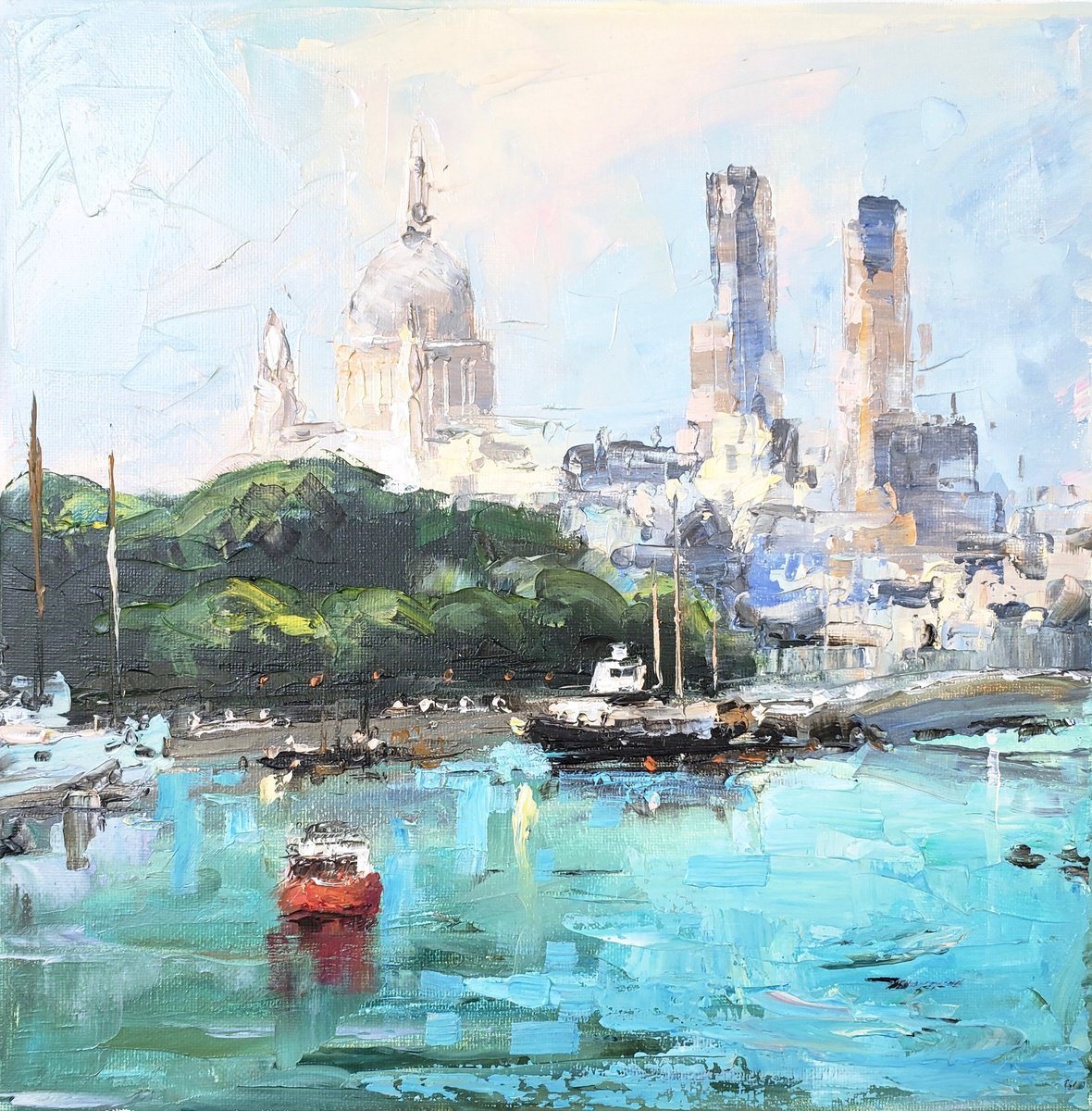 Oil painting of the dome of St. Paul&rsquo;s across turquoise water on the Thames, with a red boat in the foreground.