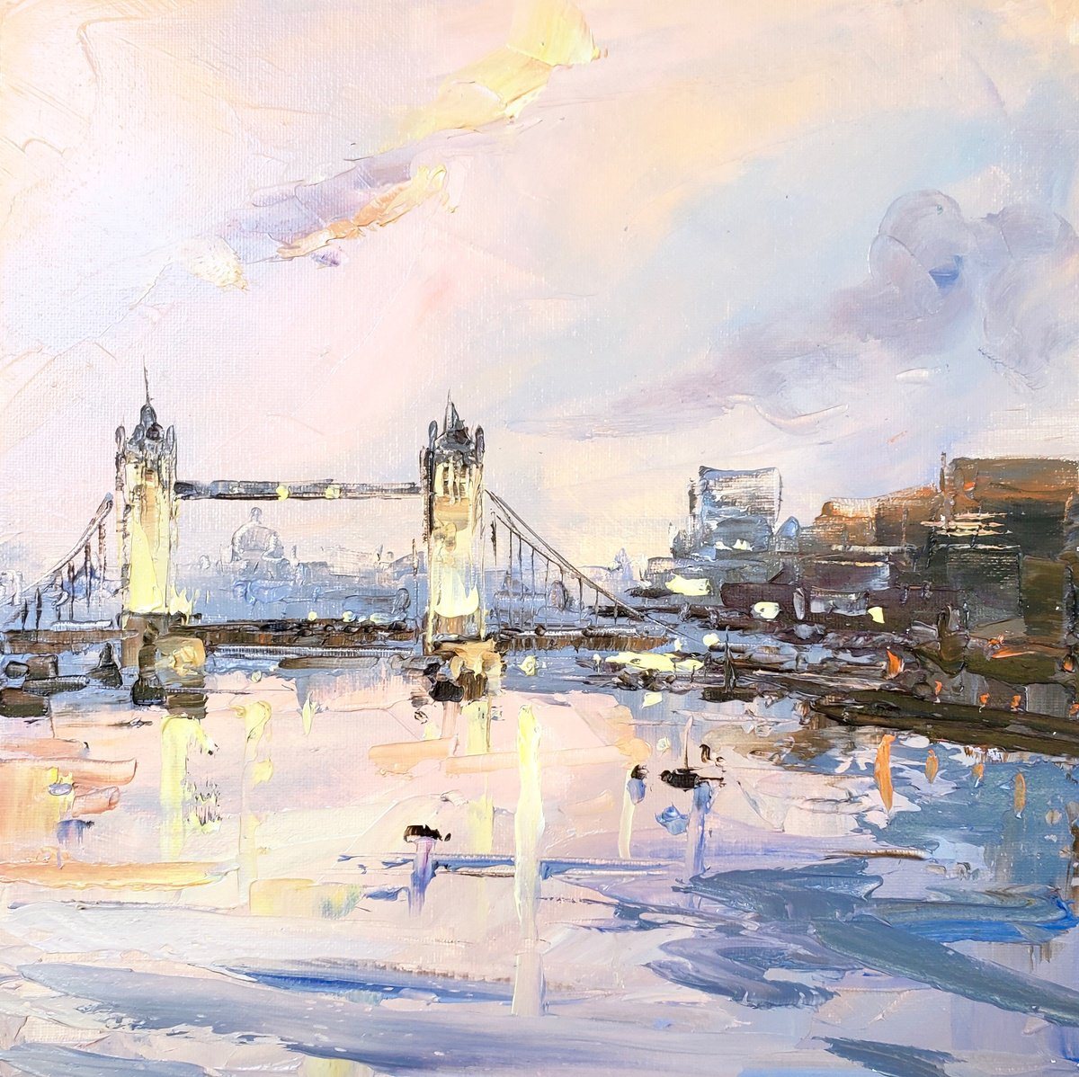 Oil painting of Tower Bridge in pale morning light, reflected in the Thames.