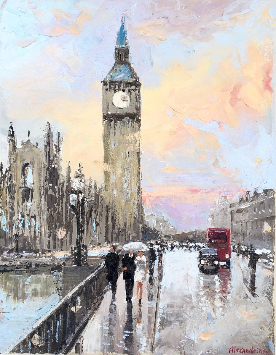 Oil painting of Big Ben and Westminster on a rainy evening, with pedestrians under umbrellas and a red bus.