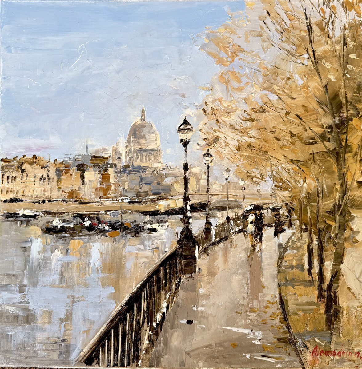 Oil painting of the Thames embankment in autumn, with a lamppost, a river walk in sunlight and a dome in the distance.
