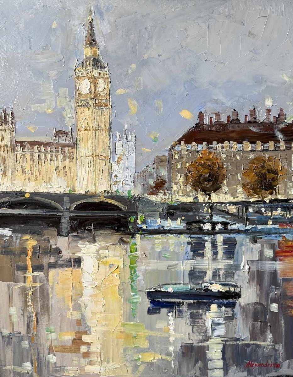 Oil painting of Big Ben and the Palace of Westminster beside the Thames, with boats and reflections on the river below.