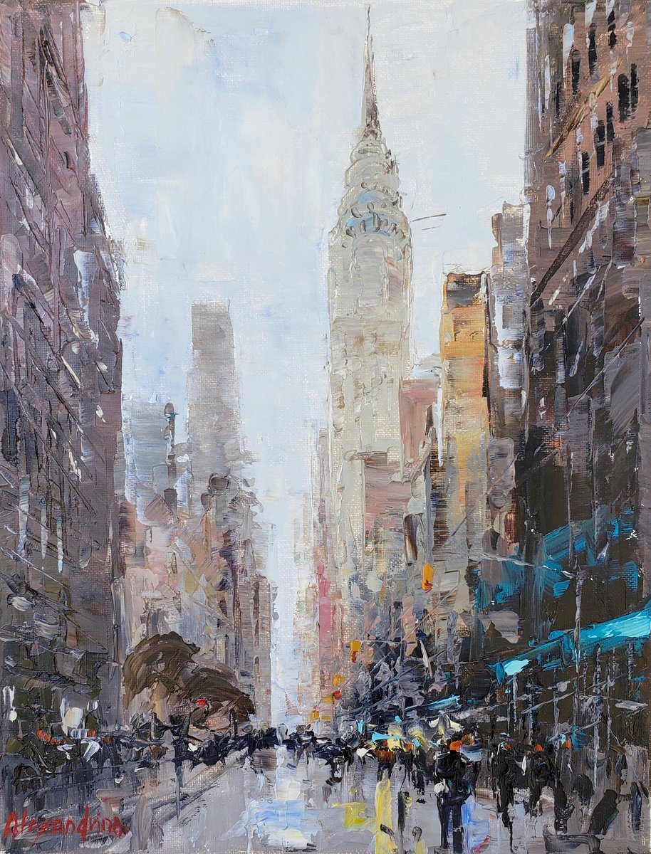 Oil painting of a Manhattan avenue in soft light, with the Chrysler Building at the end of a canyon of towers and a crowd below.