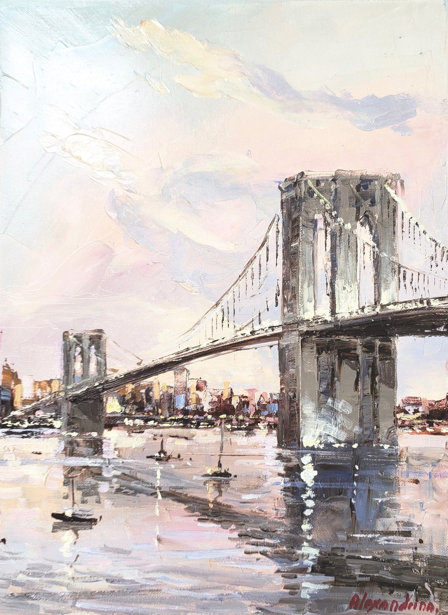 Oil painting of the Brooklyn Bridge in pale morning light, with its stone towers and cables reflected in the water below.