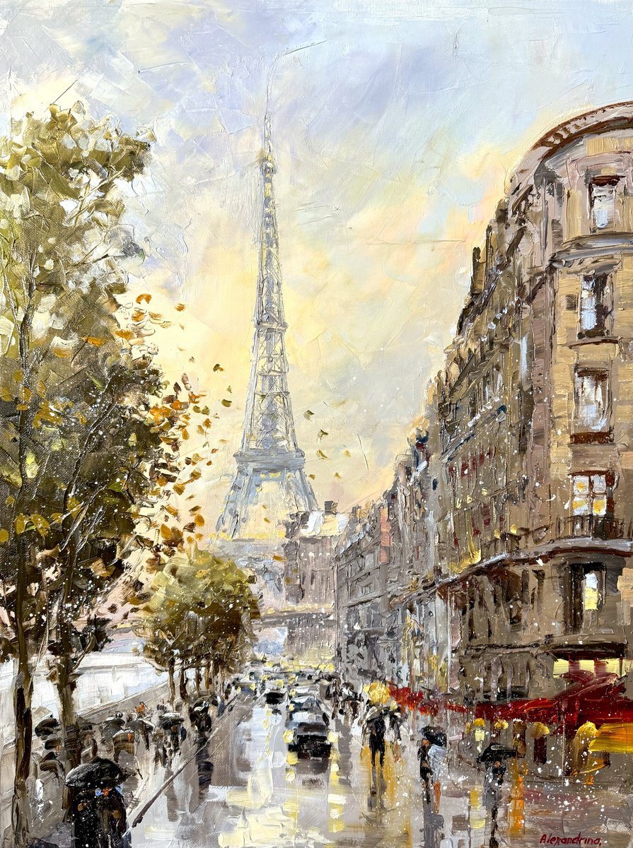 Oil painting of an autumn boulevard in Paris leading to the Eiffel Tower, with golden trees and Haussmann facades.