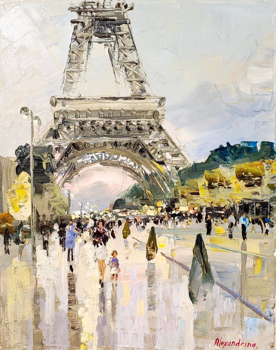 Oil painting of the Eiffel Tower seen from below at evening, with figures crossing a wet, reflective plaza.