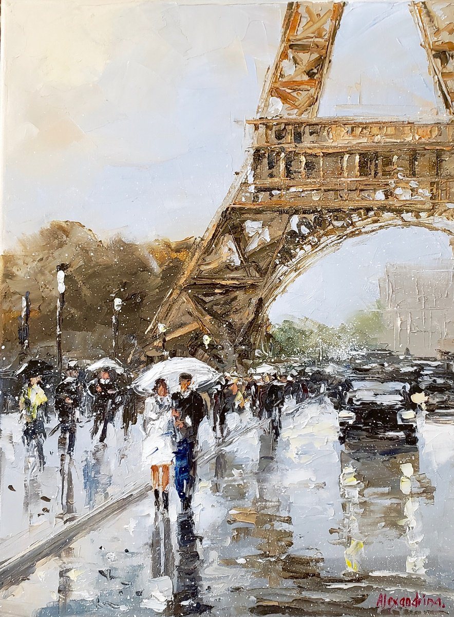 Oil painting of a couple under a white umbrella near the Eiffel Tower on a rainy day, with reflections on the pavement.