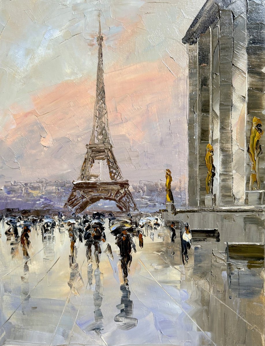 Oil painting of the Eiffel Tower seen from the Trocad&eacute;ro on a wet day, with pedestrians and umbrellas on shining pavement.