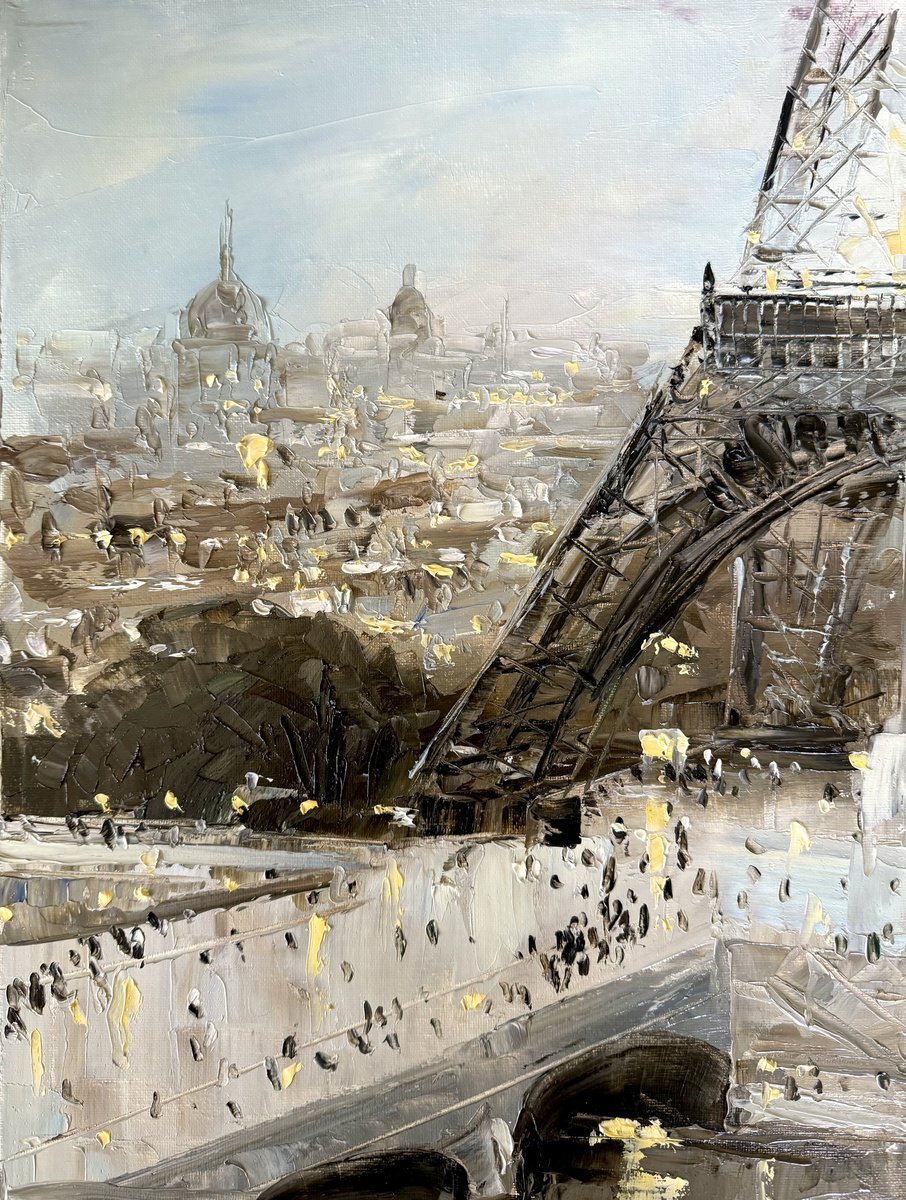 Oil painting of Paris under an overcast sky, with the Eiffel Tower on the right and a crowd on a stone bridge.