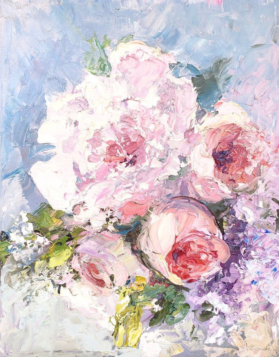 Oil painting of a large bouquet of pale pink and lavender roses and peonies.