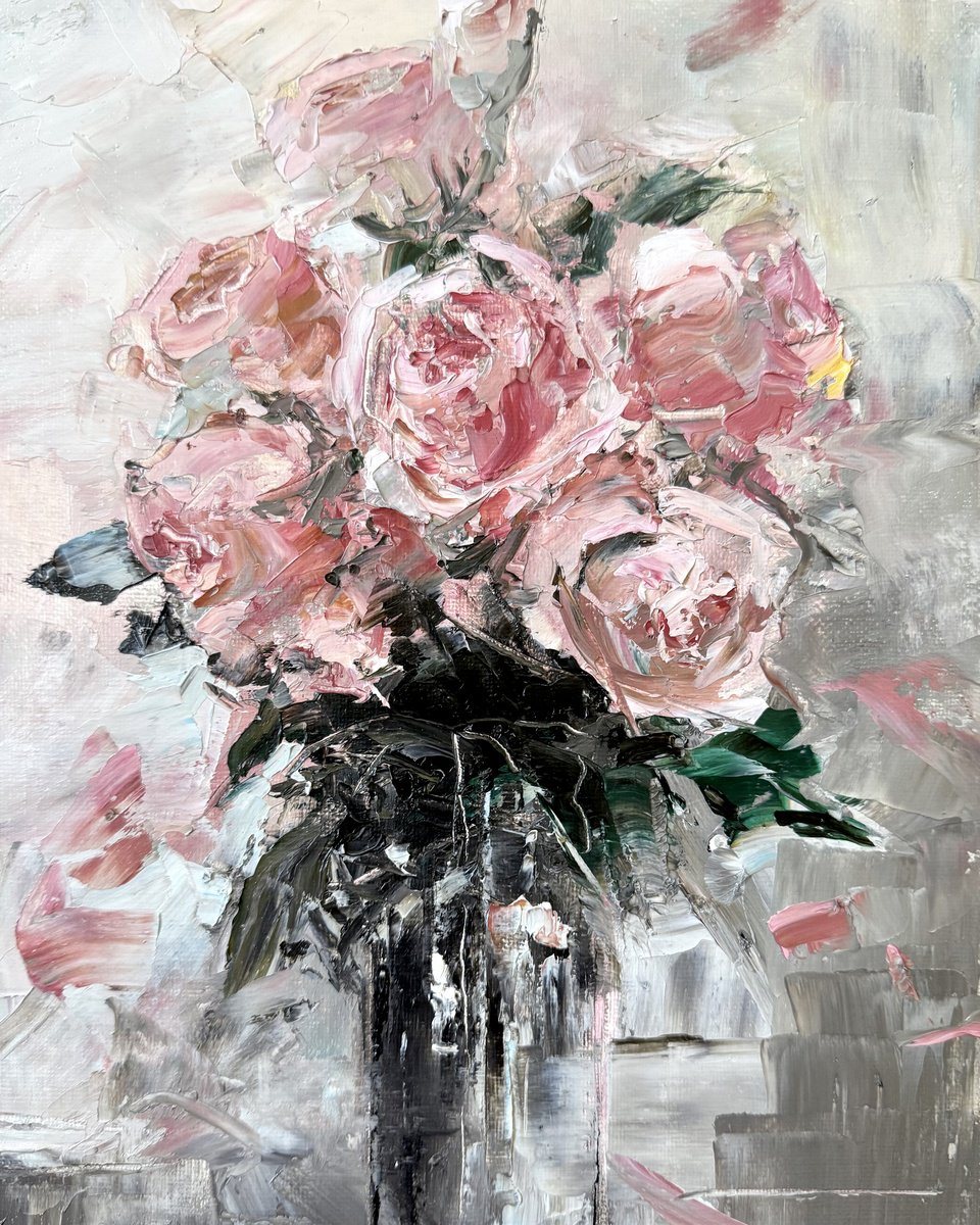 Oil painting of pink roses in a glass vase against a soft grey ground.