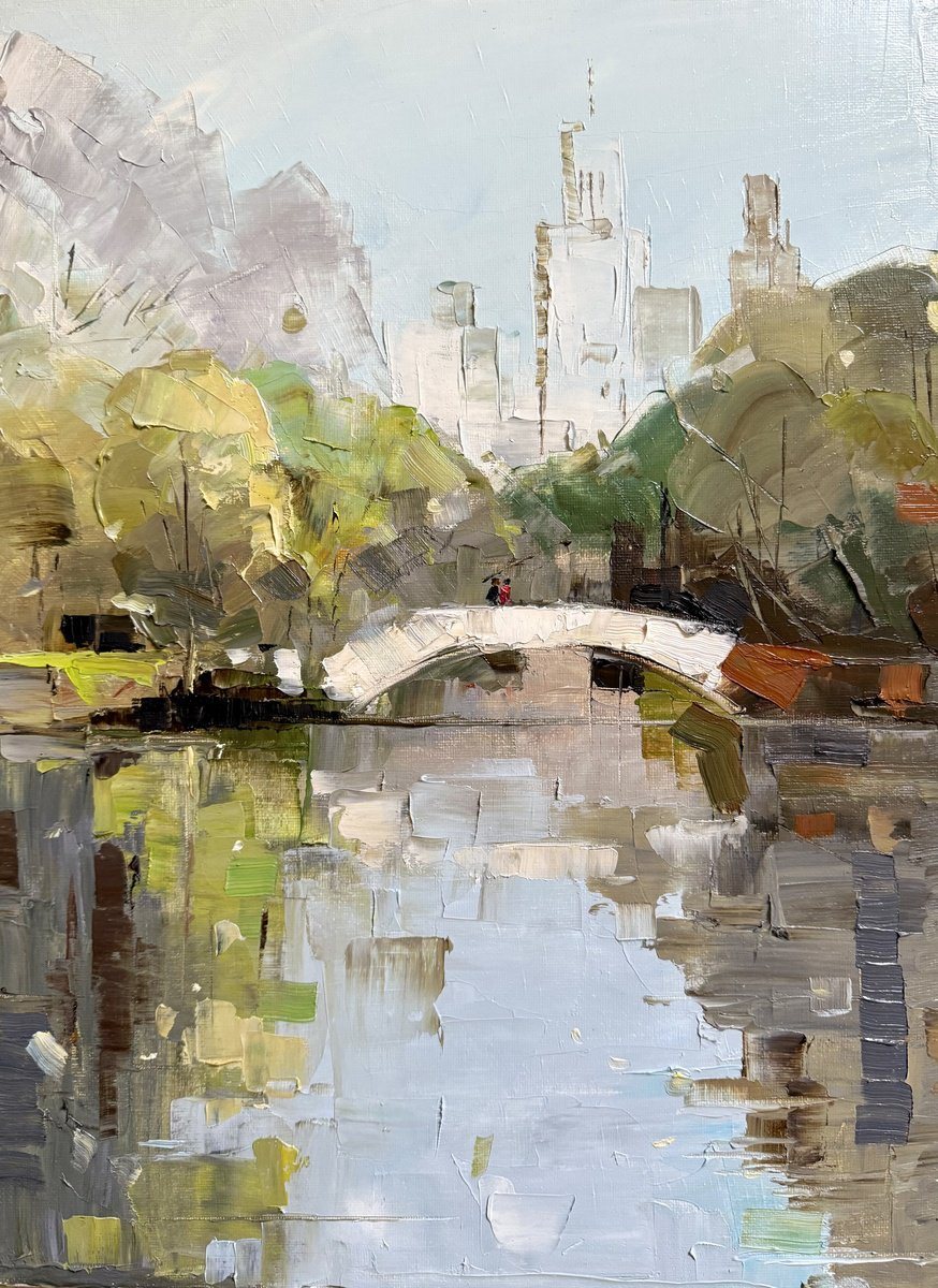 Oil painting of a white footbridge over green water in spring, with Manhattan towers rising beyond the trees.