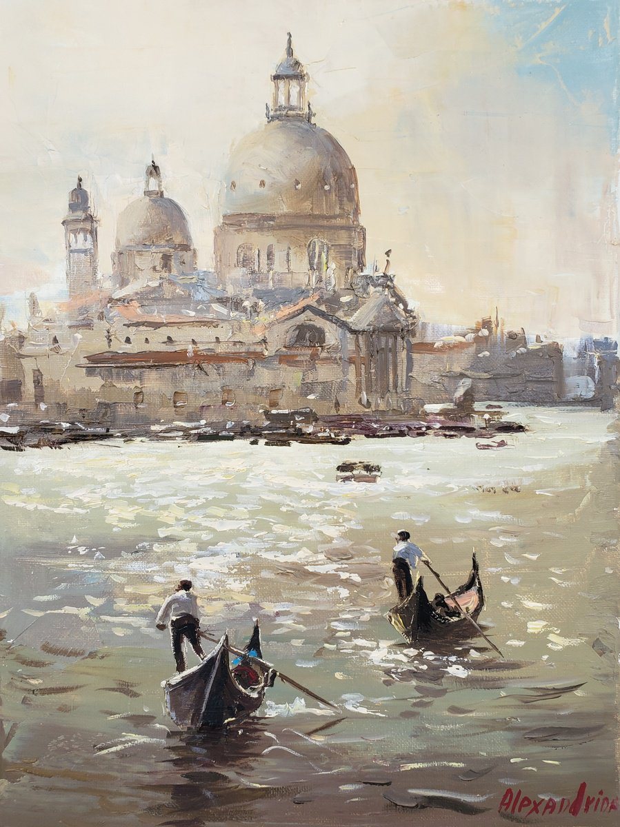 Oil painting of Santa Maria della Salute across the lagoon in warm haze, with two gondolas in the foreground.