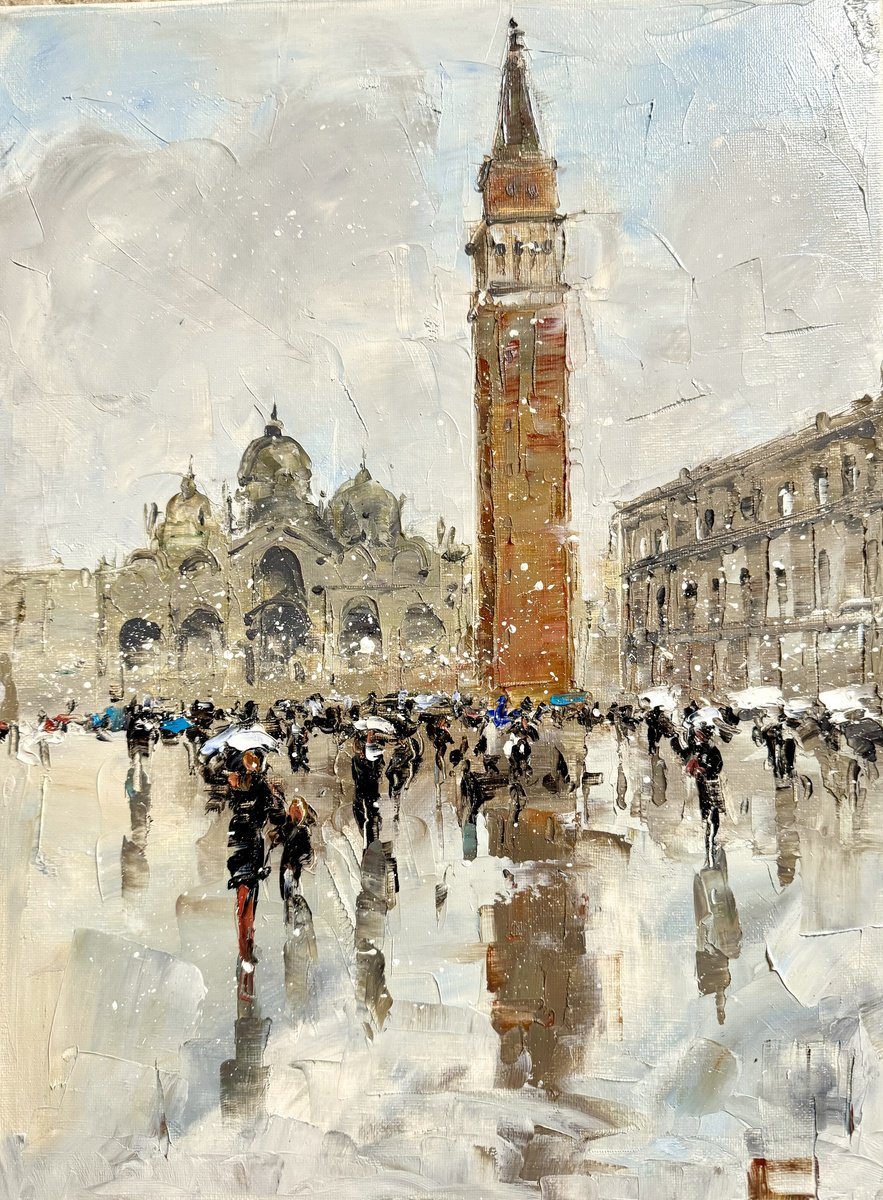 Oil painting of St. Mark&rsquo;s Square in Venice on a wet day, with the campanile, the basilica and a crowd under umbrellas.