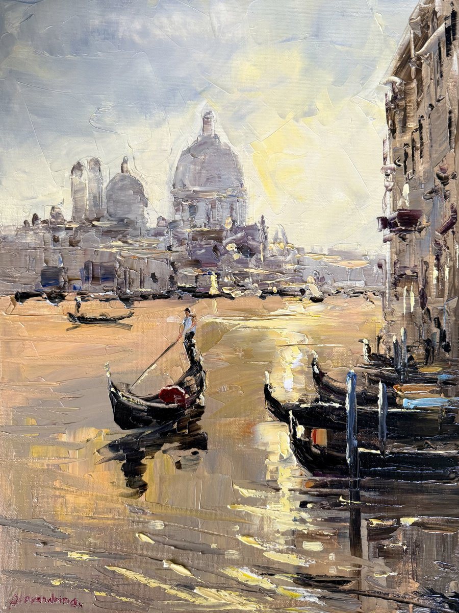 Oil painting of Venice in warm haze, with a domed basilica across the water and gondolas in the foreground.