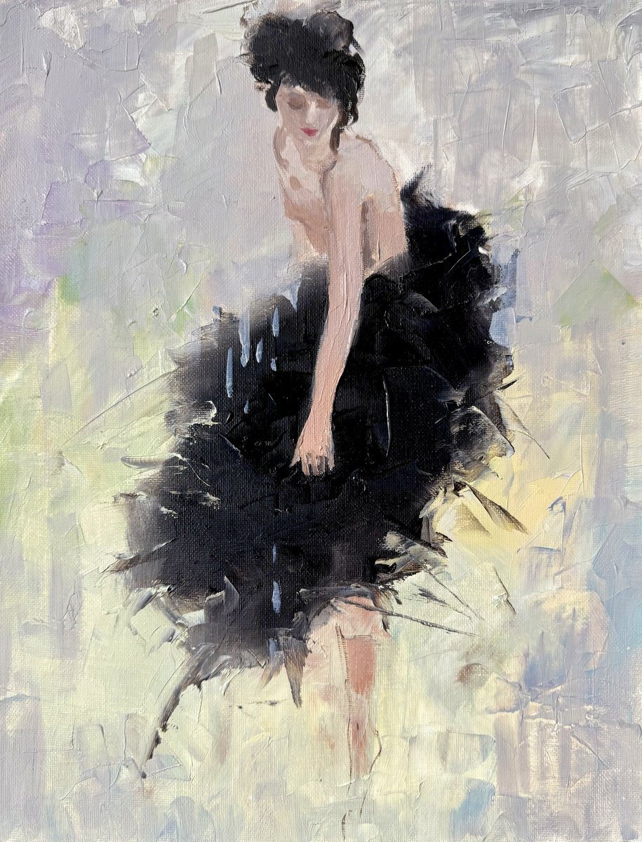 Oil painting of a woman in a loose black dress, painted with quick strokes against a soft, pale ground.