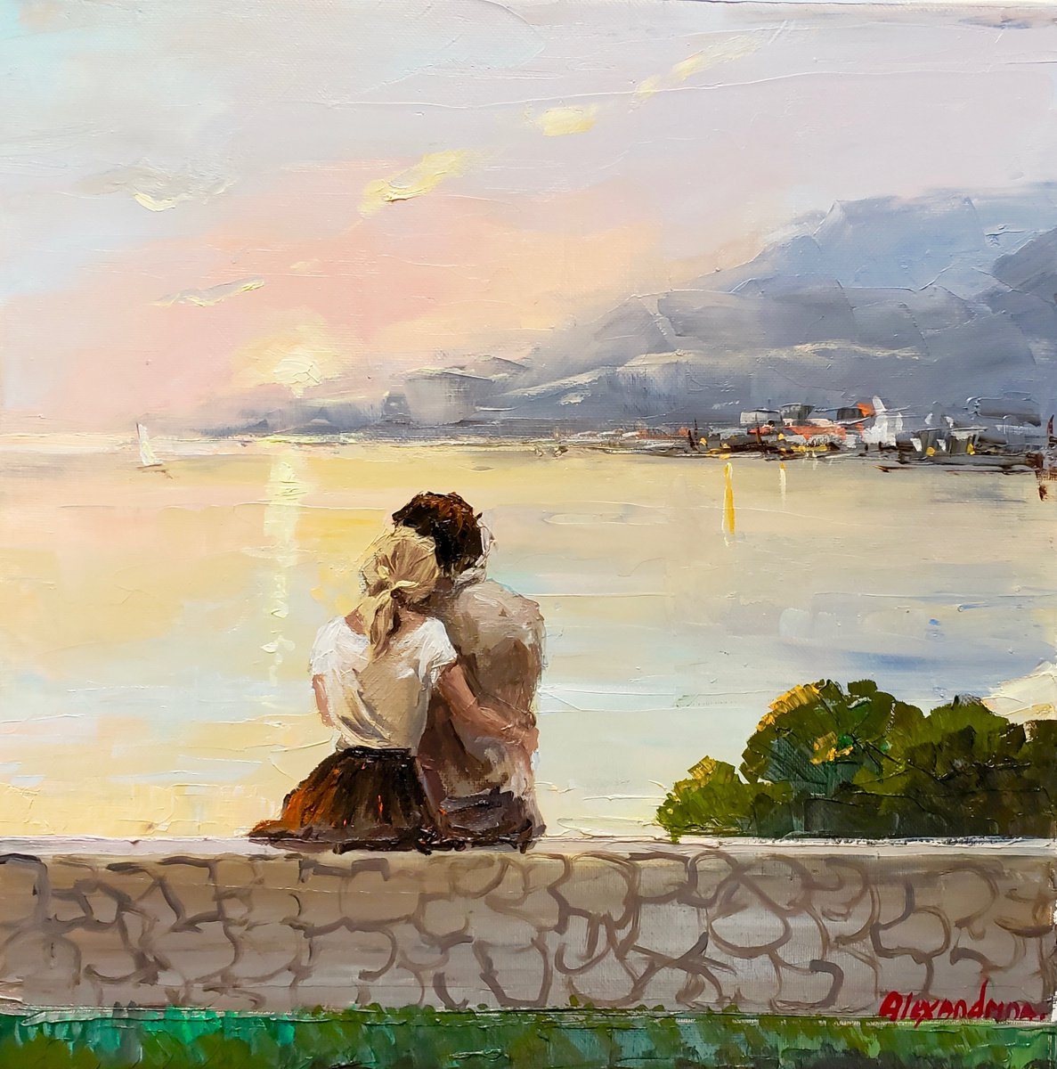 Oil painting of a young couple sitting close on a stone wall above the water at sunset.